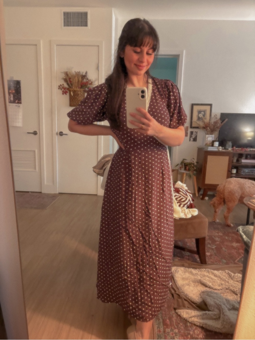 Ivy City Co Brown Polka Dot Midi Dress